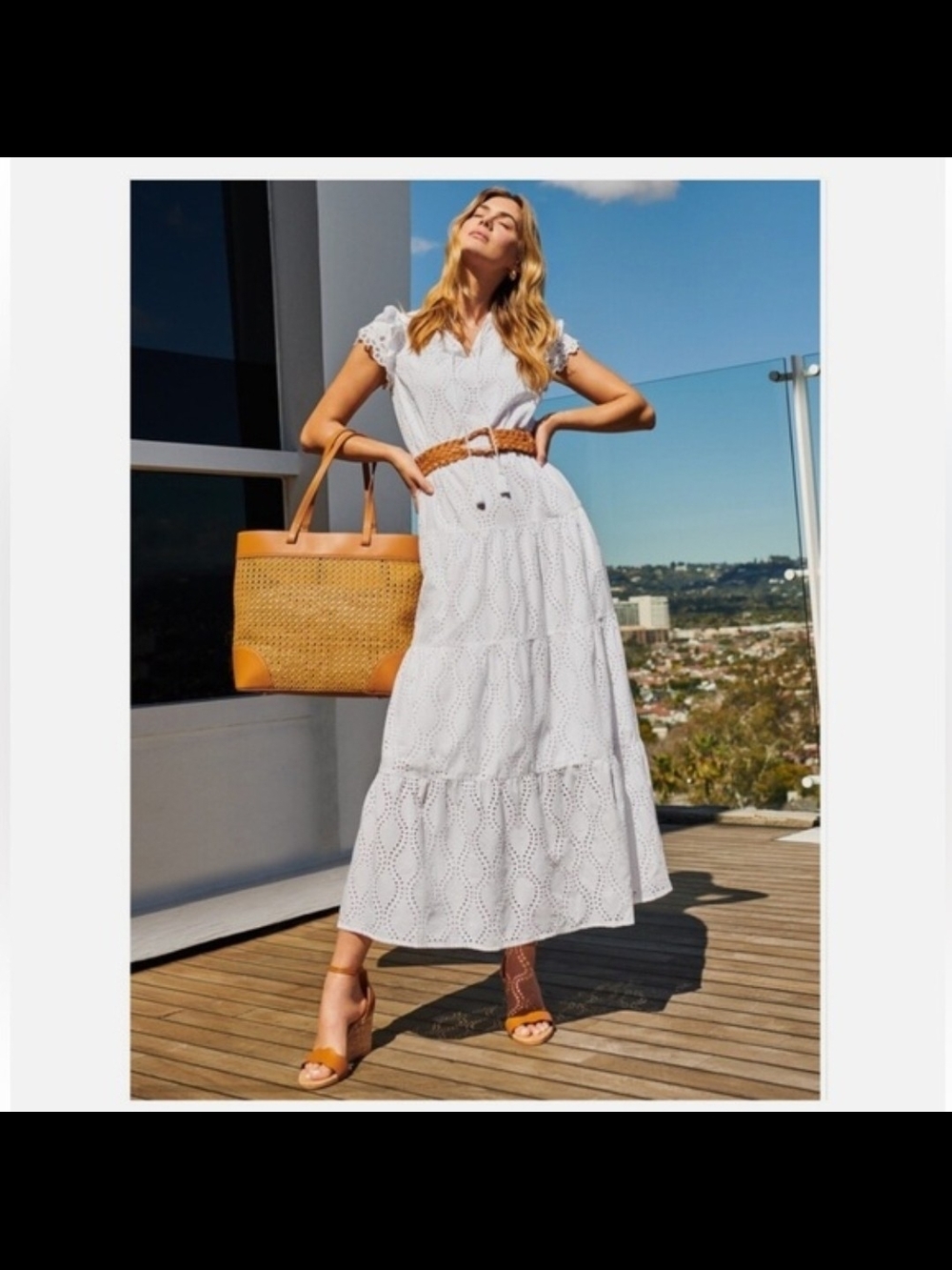 J. McLaughlin Size Large White Cotton Eyelet Tiered Maxi Dress Flutter Sleeve